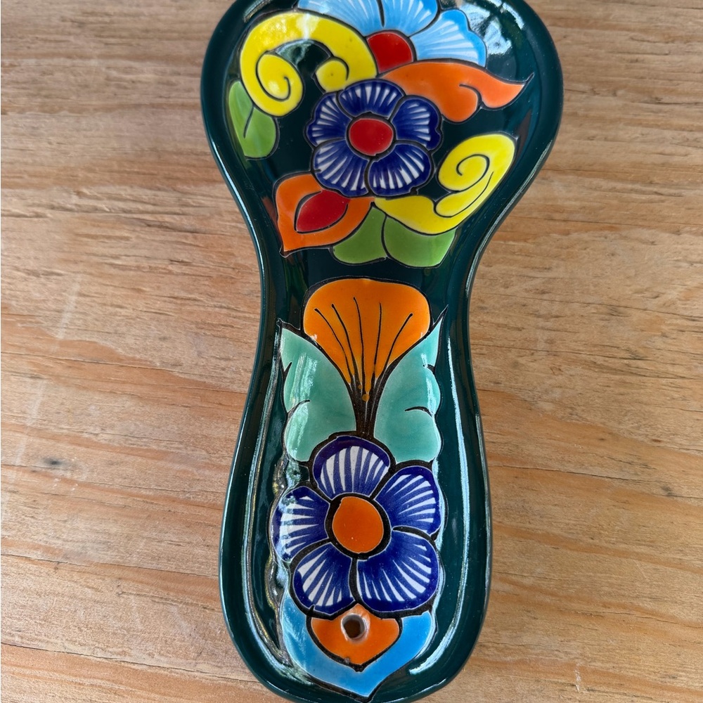 Hand-Painted Floral Talavera Spoon Rest in Dark Green with Bright Accents - Picture 2 of 5